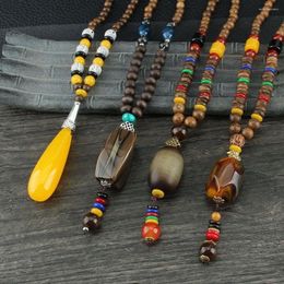 Pendant Necklaces Ethnic Boho Wood Beads Long Necklace Vintage Nepal Buddhist Mala Wooden Chains Overcoat
