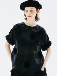 Women's Blouses Imakokoni Polka Dot Baby Collar Net Lace Black Short Sleeve Shirt Summer Tie Thin 234190