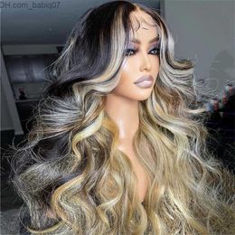 Perucas Sintéticas Ash Blonde Highlights 13x4 Lace Front Human Hair Wig for Women Black Roots Ombre Body Wave Peruca Sintética Pré Depilada Z230801