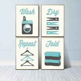 Wash Dry Fold Repeat Laundry Sign Canvas Painting Mid Century Nordic Abstract Posters And Print Wall Pictures For Living Room Toilet Home Decor w06