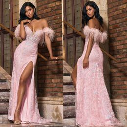 Shiny Pink Evening Gown Elegant Off The Shoulder Feather Mermaid Dresses High Split Lace Prom Dress Formal