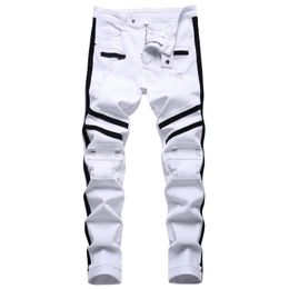 Men's Jeans Punk Jeans Men Zipper Hip Hop Slim Fit White Bike Jeans Elastic Split Denim Pants Cotton Fashion Casual Jogging Male Clothing 230731