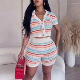 Women's Tracksuits Striped Colour Patchwork Two Piece Set Women Summer Knitted Hollow Out Single Short Sleeve Breasted Crop Top Shorts Suit