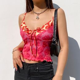 Women's Tanks 2000s Fashion Patchwork Rose Print Mesh Cami Tops Y2K Aesthetics Vintage Deep V-neck Bandage Red Cropped Top Sleeveless
