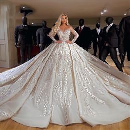 Sheer V-ausschnitt Brautkleider Couture Lange Ärmel Nahen Osten Ballkleid Brautkleider Robe De Mariee Dubai Kaftans Vestido De No2959
