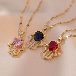 Pendant Necklaces Fatma Hand Necklace With Red Crystal Stone Shiny Heart Hamsa For Woman Luxury Protection Jewelry Gifts