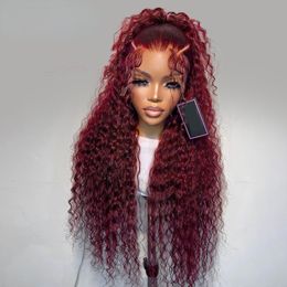 Brazilian 99J Bury 40 Inch Deep Wave Frontal Wig 13x4 Garnet Red Curly Lace Front Simualtion Human Hair Wigs Preplucked