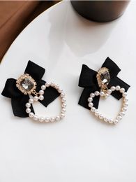 Stud S925 needle Sweet Jewellery Black Bowknot Earrings Design Crystal Glass Simulated Pearls Heart Drop For Girl 230801