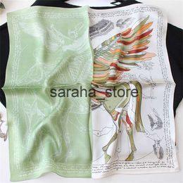 Scarves POBING 100% Natural Silk Scarf Women Fly Horse Print Square Scarves Wraps Small Head Handkerchief Wholesale Hijabs 53x53CM J230801