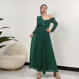 Casual Dresses Green Polka Dot French Dress Women Unique Top Quality Sexy One Shoulder Ruched High Waist Designer Clothes