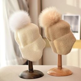 Berets Fashion Knit Earflap Hats Real Fur Pompom Cashmere Women Bomber Ladies Windproof Snow Thicker Warm Winter Caps