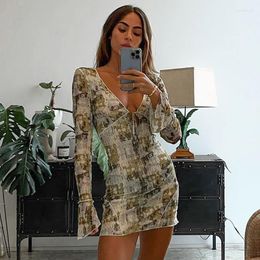 Casual Dresses European And American Flower Print Women's Sexy Deep V Spliced Lace Up Long Sleeve Ruffle Edge Wrapped Hip Dress