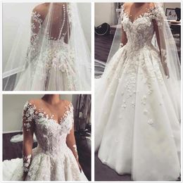 Elegant Lace A Line Wedding Dresses Arabic Sheer Long Sleeves Tulle Applique 3D Floral Beaded Sweep Train Bridal Wedding Gowns Wit2399