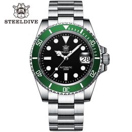 Wristwatches STEELDIVE SD1953 Black Dial Green Ceramic Bezel NH35 Automatic Watch 300M Waterproof Sapphire Glass Men Dive Watches 230731