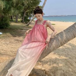 Casual Dresses Summer Vacation Pography Skirt Beach Pink Gradient Sling Dress Sweet Long 3D Embroidery Super Fairy White PartyoccasioN