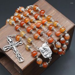 Pendant Necklaces Natural Agate Necklace For Women Luxury Religions Cross Rosary Roman Bracelet Holy Family Crystal Beads Jewelry Gift