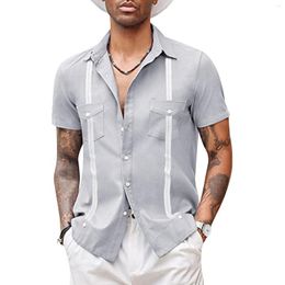 Men's Casual Shirts 2023 Summer Traditional Cuban Camp Collar Shirt Short Sleeve Beach Striped Print Pocket Top