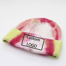 Berets Factory Price! Free Custom LOGO Design Winter Tie-Dyes Melon Skin Beanie Warm Bonnet Casual Cap Adult Knit Hip Hop Caps