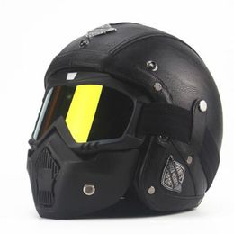TKOSM Adult Leather Helmets 3 4 Motorcycle Helmet High Quality Chopper Bike Helmet Open Face Vintage Motorcycle Helmet Motocros2436