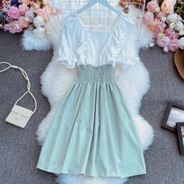 Casual Dresses Summer Sweet A-Line Mini Dress For Women Square Collar Sleeve High Waist Flounced Edge Ruffle Lace 114230