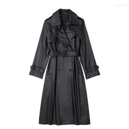 Women's Leather Mid-Length Black Faux PU Jacket Women Trench Coat Spring Stand Collar Double-breasted Female Overcoat Casual Streetwear