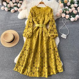 Casual Dresses Elgeant Floral Dress Women Spring Autumn Hollow Out Sweet Hook Flower French Ladies Slim A Line High Waited Long Robe