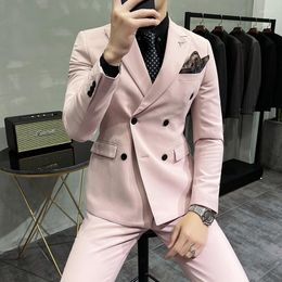 Men's Suits 2023 Light Pink Suit 3-piece Double Breasted Formal Slim Casual Wedding Bridegroom Tailcoat (suit Vest Trousers)