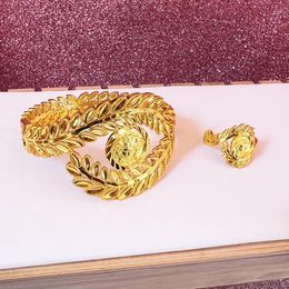 Bangle Dubai 24K Gold Plated Bangles For Women Wholesale Luxury Bracelets With Ring Quality Copper Golden Hawaiian Jewelry