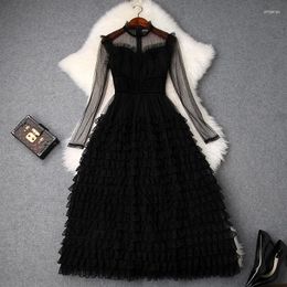 Casual Dresses Spring 2023 Women Sexy Long Sleeve Black Lace Patchwork Pleated Maxi Dress Elegant Ruffles Party