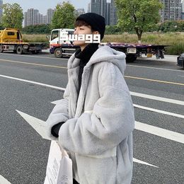 Men's Hoodies Harajuku Winter Warm Faux Fur Teddy Bear Hoodie Solid Sweatshirt Tops Hip Hop Casual Men Hooded Zip Up Baggy Coat