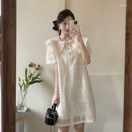 Casual Dresses Crochet Vestidos De Mujer Elegant Doll Collar Short Sleeve Hollow Out Lace Dress Women Summer Robe Femme Maxi Floral Sexy