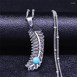 Pendant Necklaces Bohemian Feathers Natural Stone Stainless Steel Chain Silver Color Boho Necklace Jewelry Bijoux Femme N4094S04