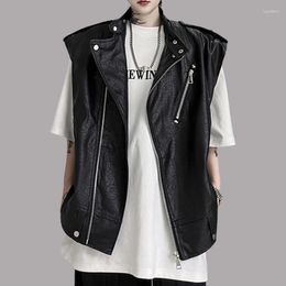 Men's Vests Retro Men PU Leather Jacket Zipper Lapel Sleeveless Casual Black Waistcoats Metal Decoration Streetwear Fashion