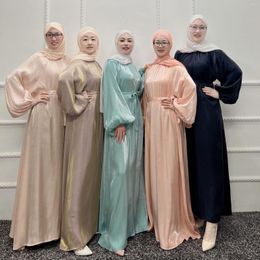 Ethnic Clothing Summer Abaya Dubai Shiny Soft Puff Sleeves Muslim Dress Silky Kimono Robe Turkey Long Dresses Islam Abayas With Belt