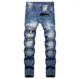 Men's Jeans 2023 Trend Zipper Embroidered Ripped Slim Denim Trousers Stretch Hip Hop Blue Biker Pants