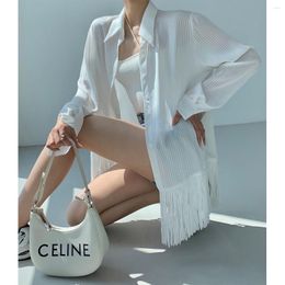 Women's Blouses Women Clothing 2023 Fashionable White Tassel Shirt Spring Summer Sunscreen Thin Loose Long Sleeved Design Sense Top