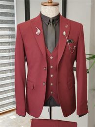 Men's Suits (Jacket Pants Vest) Napoli Red Chic Menswear 3 Piece Groom Tuexdos For Wedding Formal Prom Suit Party Evening Blazer Custom Made