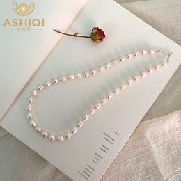 Stränge Saiten ASHIQI Echte Süßwasserperlen Halskette 925 Sterling Silber Verschluss Schmuck für Frauen Natürliches Wachstumsmuster Geschenk 230801