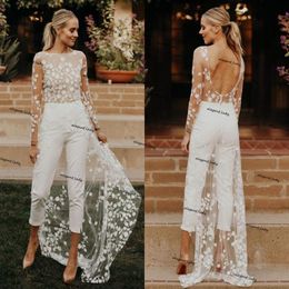 lace floral beach bridal jumpsuit with train 2021 long sleeve backless bohemian summer holiday wedding dress with pant suit298D