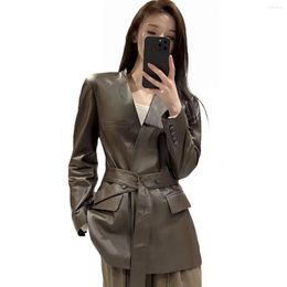 Women's Leather High Quality Sheepskin Coat 2023 Winter England Style Adjustable Waist Jacket Loose Long Overcoat Female Clothing