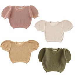T shirts 7588 Girl Clothes Knitted T Shirt Spring And Summer Tops Bubble Sleeve Hollowed Out T shirt Sweet Baby 230731
