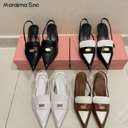 Sandals Toe Rear High-Heeled Black And White Brown Color-Block Metal Buckle Women's Shoes Stylish Outer