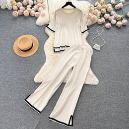 Women's Two Piece Pants Casual Women Suits Loose All-Match Contrast Color Short Sleeve Tops High Waist 2023 Fashion Ladies Knitted Sets