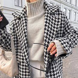 Women's Jackets Wool Jacket Women Winter Korean Fashion Double Breasted Houndstooth Long Overcoat Thick Warm Woolen Coat ropa mujer 230731