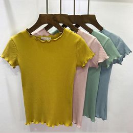 Women's T Shirts Women Tees Ruffled Trimmings Ribbed Crop Tops Soft And Stretchy Short Sleeve T-shirts Basic Cropped Top