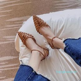 Dress Shoes Brand Summer Women Sandals Med Heels Pointed Toe Vintage Fashion Hollow Heeled Party Office Ladies