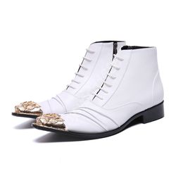 Lace-up White Wedding Dress Boots Fashion Men Boots Gold Iron Toe Genuine Leather Ankle Boots Business botas hombre