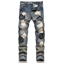 Retro Blue Distressed Streetwear For Men Slim-Fit Stretch Straight Ripped Jeans Embroidered Patchwork Damaged Skinny Pants