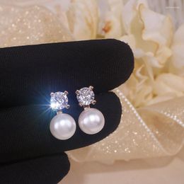 Stud Earrings Classic Real Natural Freshwater Pearl For Women Shiny Zircon Crystal Female Wedding Party Jewellery