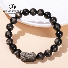 Strand JD Top Quality Natural Silver Colour Obsidian Stone Carved Pixiu Bracelet Women Men Fashion Charm Amulet Designer Bangles